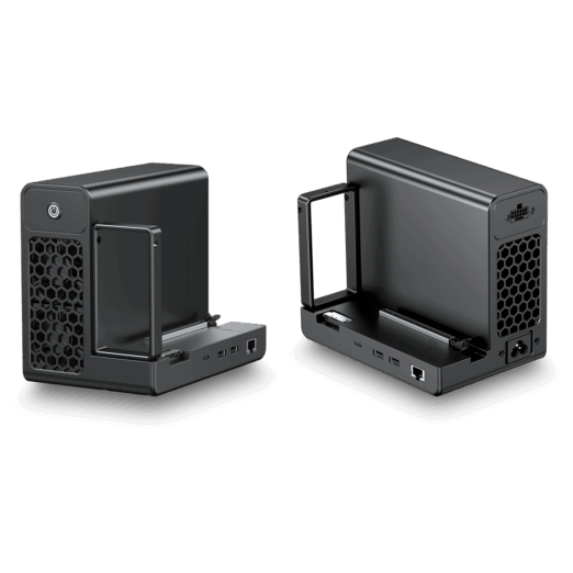 GPD G2 eGPU external graphics card enclosure, shown in two perspectives against a black background, with visible ports, power supply, and internal PCIe slot for custom GPU installation.