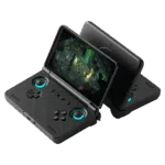 RETROID-FLIP-2-BLACK-LISTING-DONE-01 The Retroid Pocket Flip 2 Handheld game console in sleek Black, showing the clamshell design with cyan LED-ringed 3D Hall sticks and 1080p display.