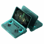 A transparent Ice Blue Retroid Pocket Flip 2 Handheld game console displaying internal circuitry active cooling vents and vibrant LED backlit analogue controls