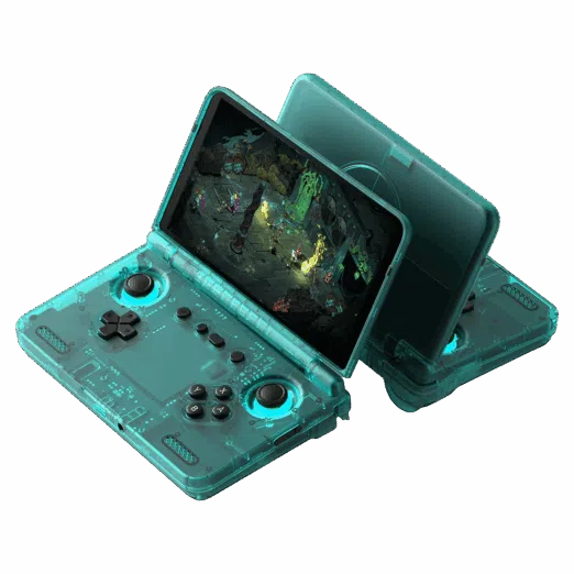 A transparent Ice Blue Retroid Pocket Flip 2 Handheld game console displaying internal circuitry active cooling vents and vibrant LED backlit analogue controls
