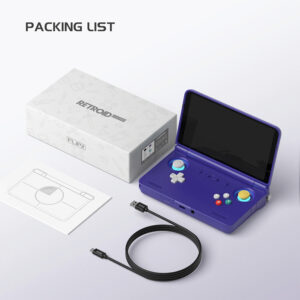 The complete Retroid Pocket Flip 2 packing list, including the Indigo handheld console, branded retail box, USB-C charging cable, and user manual.