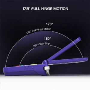 Purple hinge device showing a 178° full hinge motion with curved angle guides and labels behind it.