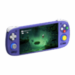 Purple handheld game console with left D-pad and analog stick, right A/B/X/Y buttons and yellow joystick; screen shows a green forest video game scene.