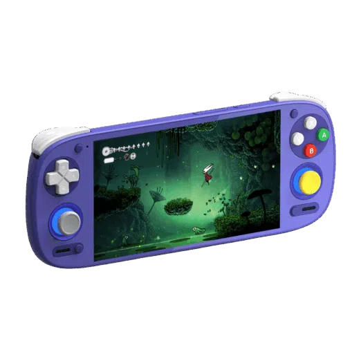 Purple handheld game console with left D pad and analog stick right ABXY buttons and yellow joystick screen shows a green forest video game scene