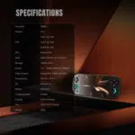 Detailed specifications table for the Retroid Pocket 5 highlighting the Snapdragon 865 processor 8GB LPDDR4x RAM 128GB UFS 31 storage and 1080p AMOLED screen specs