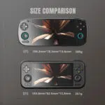 Comparison image showing the Retroid Pocket 5 RP5 vs the Retroid Pocket 4 RP4 highlighting the RP5s larger screen ergonomic redesign and 280g lightweight build