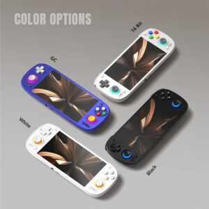 Group shot of the Retroid Pocket 5 Handheld in all four color variants: 16-Bit Grey, GC Indigo Purple, Minimalist White with orange LEDs, and Classic Black with blue LEDs