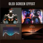 Collage titled OLED SCREEN EFFECT left image shows a futuristic armored robot labeled High Contrast right shows two colorful portraits labeled High Color Gamut sRGB bottom left chart labeled low power consumption bottom right desert image labeled 500 NITS High Brightness