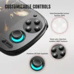 Gaming controller with four black ABXY buttons and glowing blue analog stick showcasing customizable controls for DIY button layouts