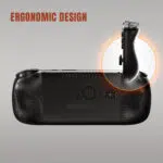 Handheld gaming console with a large ergonomic grip highlighted in orange showcasing ergonomic design