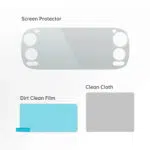 Illustration of a curved screen protector labeled Screen Protector with two accessories below blue Dirt Clean Film and a gray Clean Cloth swatch