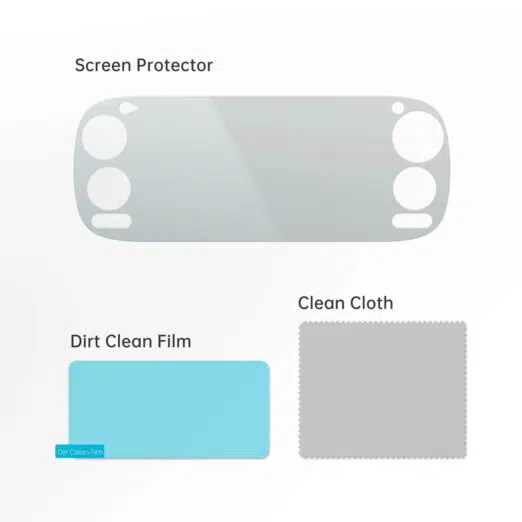 Illustration of a curved screen protector labeled 'Screen Protector' with two accessories below: blue Dirt Clean Film and a gray Clean Cloth swatch.