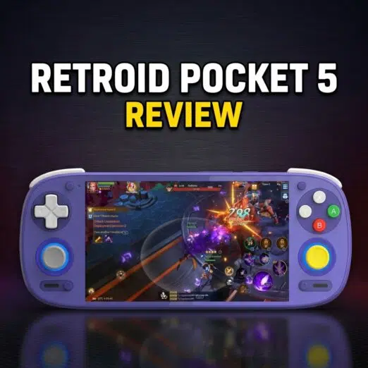 Retroid Pocket 5 Review 11 Thumbnail showing a purple Retrooid Pocket 5 handheld with a game UI on screen, and bold title 'RETROID POCKET 5 REVIEW' above