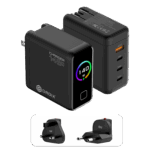 A detailed product graphic showing two views of the black DROIX 140W USB C Wall Charger and its interchangeable international adapters The top left view displays the chargers matte black body with a glossy front screen The display features a vibrant rainbow colored circular ring around a 140 W power indicator The top right view highlights the four output ports three USB C ports labeled 40W 100W and 140W and one orange USB A port 225W At the bottom two snap on travel adapters for UK and EU sockets are shown highlighting the units versatility for global travel