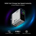 White multi port charger with four ports three USB C one USB A and 140W fast charging set against a dark gradient background with neon accents