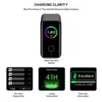 Charging Clarity interface on a handheld device showing 140 W with a rainbow circular gauge and a central multi function button