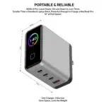Compact 71mm square multi port charger with four output ports and a sleek gray finish illustrating portability and space saving design plus the slogan One Charger 4 Devices Save Space Lose the Weight