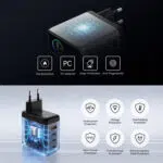Power adapter with hex patterned top and four feature icons Fire Retardant PC Material Drop Protection Anti Fingerprints