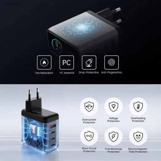 Power adapter with hex-patterned top and four feature icons: Fire Retardant, PC Material, Drop-Protection, Anti-Fingerprints.