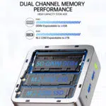 Internal hardware layout of the GMKtec G10 showing the upgradeable dual-channel SO-DIMM DDR4 RAM slots expandable to 64GB and two M.2 2280 SSD storage slots expandable to 8TB.