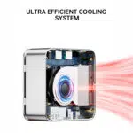 Cross-section view of the GMKtec G10 Mini PC's internal thermal engineering, displaying an active blower cooling fan and heat sink system expelling airflow.