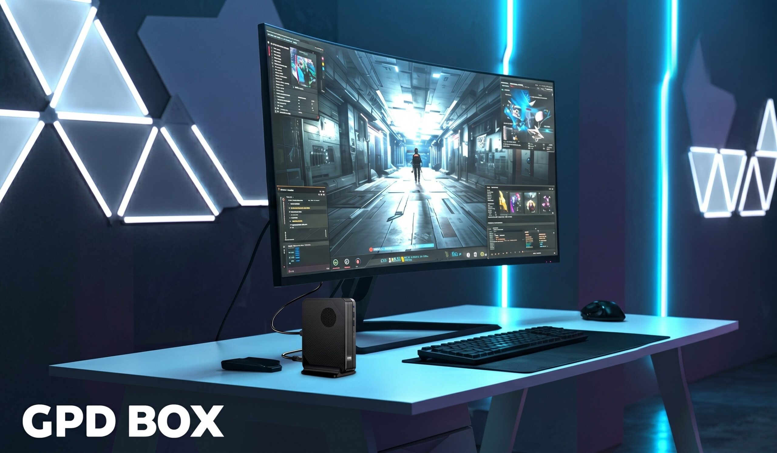 Curved monitor on a neon lit blue desk displaying a scifi game interface with a small GPD Box computer on the stand and a keyboard and mouse in front Neon geometric wall design in the background