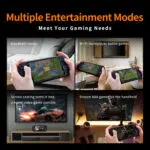A dark-themed multi-panel graphic showcasing the MANGMI AIR X entertainment modes including local Wi-Fi multiplayer battle games and streaming AAA titles.