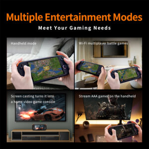 A dark-themed multi-panel graphic showcasing the MANGMI AIR X entertainment modes including local Wi-Fi multiplayer battle games and streaming AAA titles.