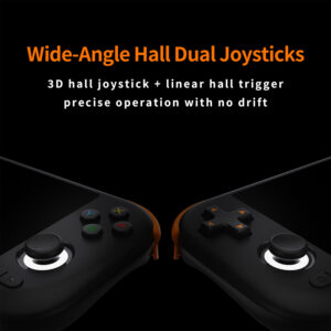 Close-up of the MANGMI AIR X premium controller deck showcasing wide-angle 3D Hall effect analog sticks with illuminated orange RGB rings and a custom d-pad layout.