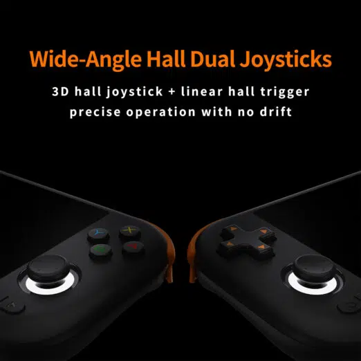 Close-up of the MANGMI AIR X premium controller deck showcasing wide-angle 3D Hall effect analog sticks with illuminated orange RGB rings and a custom d-pad layout.