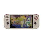 A retro-inspired grey Android handheld gaming console with dark burgundy shoulder buttons and face buttons, displaying a vibrant cartoon boss battle scene on its 6-inch touchscreen display against a solid black background.