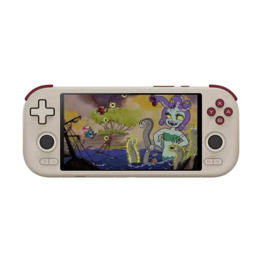 A retro-inspired grey Android handheld gaming console with dark burgundy shoulder buttons and face buttons, displaying a vibrant cartoon boss battle scene on its 6-inch touchscreen display against a solid black background.