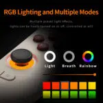 An informational graphic explaining the customisation modes for the MANGMI AIR X integrated LED joystick rings including light, breath, and rainbow effects.