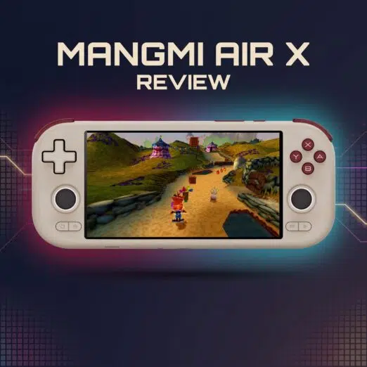 MANGMI AIR X Review 11 Promotional graphic for a "MANGMI AIR X REVIEW" showing a beige handheld gaming console playing a 3D platformer game against a dark, neon-lit background.