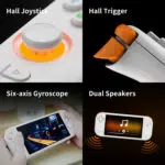 A 4-panel infographic detailing hardware specifications of the MANGMI AIR X premium controls including tactile Hall triggers, six-axis gyroscope, and stereo dual speakers.