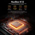 A promotional graphic highlighting the processor of the NucBox K12 mini PC. The top features a summary of the AMD custom chip "Ryzen 7 H255," listing a 4.9 GHz max frequency, 35 to 54W TDP, 8 cores with 16 threads, and a 16MB cache. The bottom half is a stylized, close-up digital rendering of the glowing orange AMD Ryzen CPU integrated onto a complex circuit board layout.