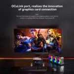 A gaming setup advertisement emphasizing the mini PC's OCuLink port capability. A curved computer monitor displays a vibrant action video game scene. On the desk below, the compact mini PC is connected directly to a large, external desktop graphics card featuring three glowing RGB cooling fans, demonstrating an external GPU connection. A gaming keyboard and mouse are neatly arranged in the foreground.