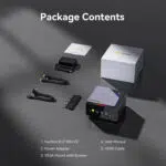 A clean product breakdown graphic titled "Package Contents" over a dark gray reflective surface. It lists and displays five items laid out neatly: 1. Nucbox K12 Mini PC, 2. Power Adapter, 3. VESA Mount with Screws, 4. User Manual, and 5. HDMI Cable. The premium white product packaging box with a gold "GMKtec" logo stands in the background.