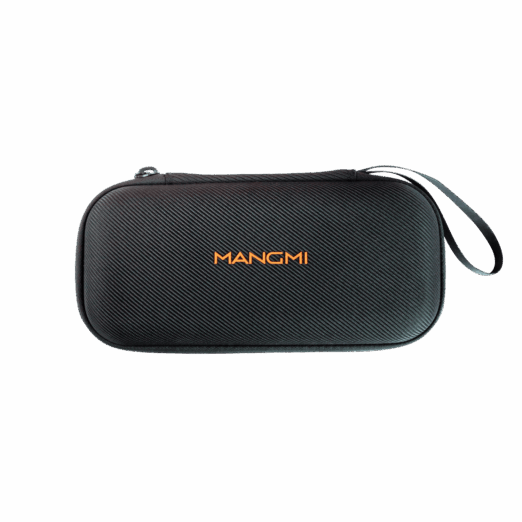 Closed exterior view of the MANGMI Air X Carrying Case on a black background, highlighting its rigid hard-shell design with a black carbon-fiber diagonal texture, a vibrant orange "MANGMI" logo across the center, and a convenient side-attached wrist strap.