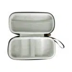 Open, empty interior view of the MANGMI Air X Carrying Case on a white background, showcasing the soft, protective light-gray plush lining, a central elastic retention strap, a large zippered mesh storage pocket for cables, and the attached side wrist loop.