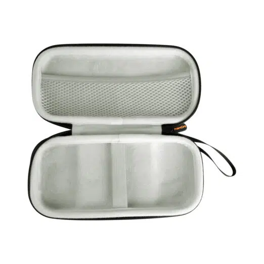 Open, empty interior view of the MANGMI Air X Carrying Case on a white background, showcasing the soft, protective light-gray plush lining, a central elastic retention strap, a large zippered mesh storage pocket for cables, and the attached side wrist loop.