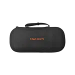 Closed exterior view of the MANGMI Pocket Max Carrying Case on a black background, showcasing its hard-shell design, black carbon-fiber textured surface, top carrying strap, and the "MANGMI" logo printed in vibrant orange across the center.