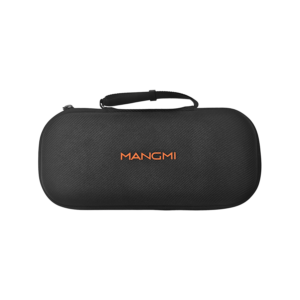 Closed exterior view of the MANGMI Pocket Max Carrying Case on a black background, showcasing its hard-shell design, black carbon-fiber textured surface, top carrying strap, and the "MANGMI" logo printed in vibrant orange across the center.