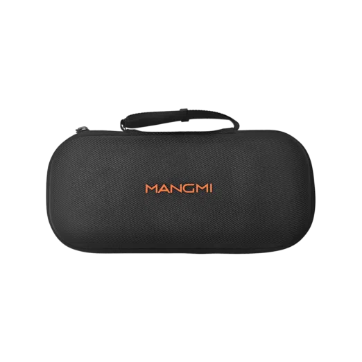 Closed exterior view of the MANGMI Pocket Max Carrying Case on a black background, showcasing its hard-shell design, black carbon-fiber textured surface, top carrying strap, and the "MANGMI" logo printed in vibrant orange across the center.