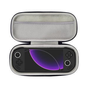 Open view of the MANGMI Pocket Max Carrying Case on a white background, demonstrating a snug fit with a black handheld gaming console nestled securely in the soft-lined bottom compartment. The screen displays a purple graphic, and the upper zippered mesh storage pocket is visible above it.