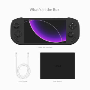 Promotional banner for the Mangmi Pocket Max handheld gaming console showing the front and back views of the black model. Large text reads "The Powerful 7'' 144Hz OLED Gaming Handheld". Below the console, a grid of nine white badges highlights core system features including the Qualcomm SD865 processor, 144Hz OLED screen, magnetic modules, TMR joysticks, and an 8000mAh battery.