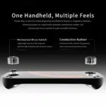 A multi-panel lifestyle graphic showcasing the diverse use cases and structural build of the Mangmi Pocket Max. Separate photos show gamers holding different console colorways to play streamed PC games, retro emulated titles, and native mobile Android games. The lower panels display physical features: a borderless display, a side profile highlighting the curved ergonomic grips, and the silver-trimmed rear intake fan.