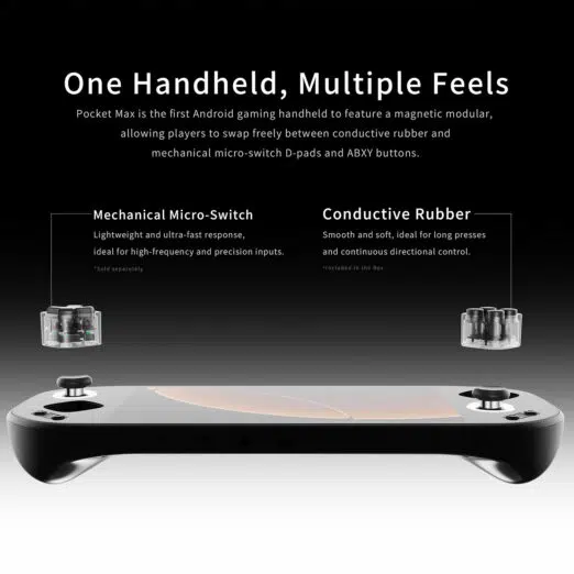 A multi-panel lifestyle graphic showcasing the diverse use cases and structural build of the Mangmi Pocket Max. Separate photos show gamers holding different console colorways to play streamed PC games, retro emulated titles, and native mobile Android games. The lower panels display physical features: a borderless display, a side profile highlighting the curved ergonomic grips, and the silver-trimmed rear intake fan.
