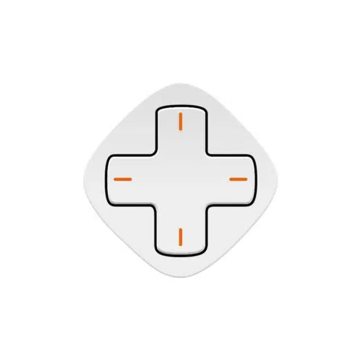 A single white, rounded diamond-shaped gaming controller module featuring a white cross-shaped D-pad with fine orange indicator lines on each direction, isolated on a white background.