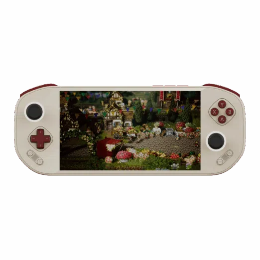 A retro Game Boy-inspired edition of the Mangmi Pocket Max handheld console, featuring a cream-colored body set against a black background. The layout and pixel-art village screen are identical to the black model, but this version features dark maroon accents on the D-pad, face buttons, and top shoulder bumpers. The dual analog sticks are black with white outer rims.